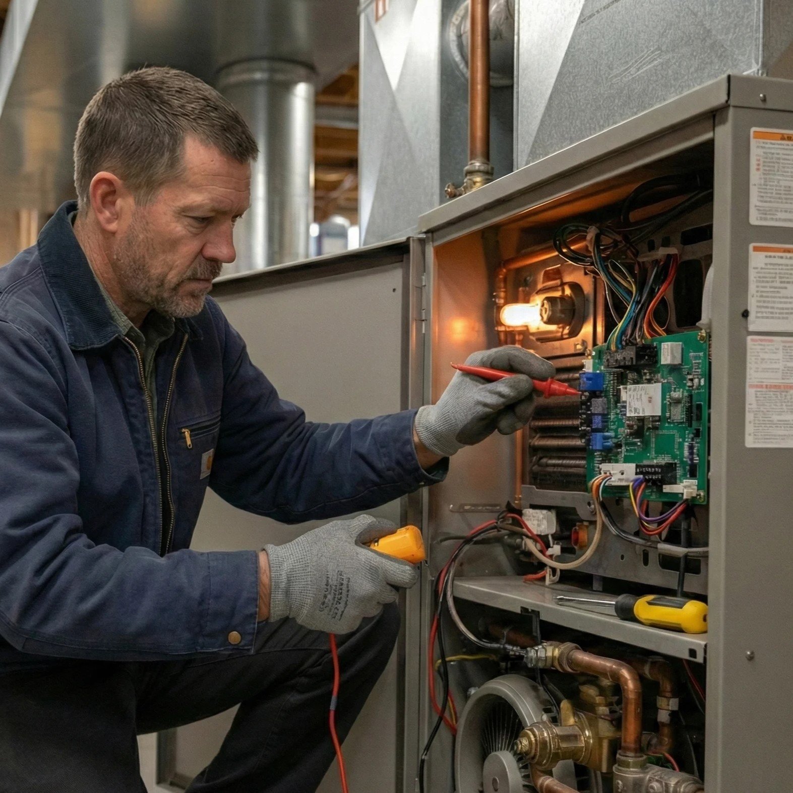 The owner of Air Dynamics installing a new furnace for a customer in Tulsa.